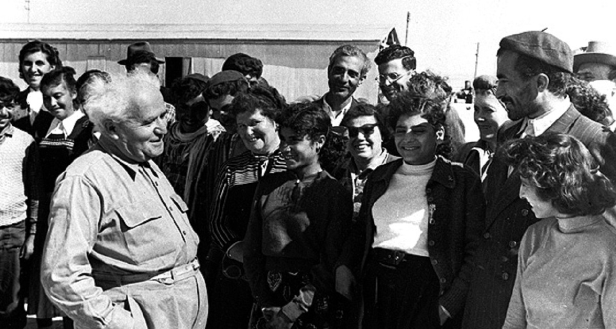 David Ben Gurion with new immigrants in a Ma'abara. Israel, 1950's. Beit Hatfutsot, the Oster Visual Documentation Center, courtesy of Shimon Avisemer, Israel