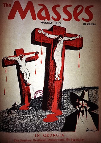 קריקטורה אנטישמית, "בג'ורג'יה". פורסם במאסס, רוברט מינור, 6 באוגוסט 1915 (אוסף ג'ון וסלמה אפל, מוזיאון אונ' מישיגן סטייט)