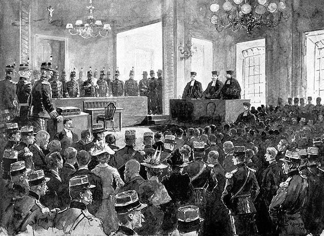 The Dreyfus court-martial at Rennes. The final scene: colonel Jouast delivering the Verdict. Drawing. from the weekly newspaper "The Graphic", England, 1899. Artist: Melton Prior. (Tel Aviv, Einhorn Collection) 