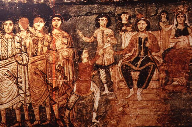 אסתר ואחשוורוש על כס המלכות. ציור קיר מבית הכנסת דורא אירופוס, סוריה, 244-245 לספירה (המרכז לתיעוד חזותי ע"ש אוסטר, בית התפוצות)