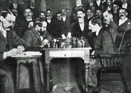 Emanuel Lasker (right) against Wilhelm Steinitz, world championship of 1894, New York