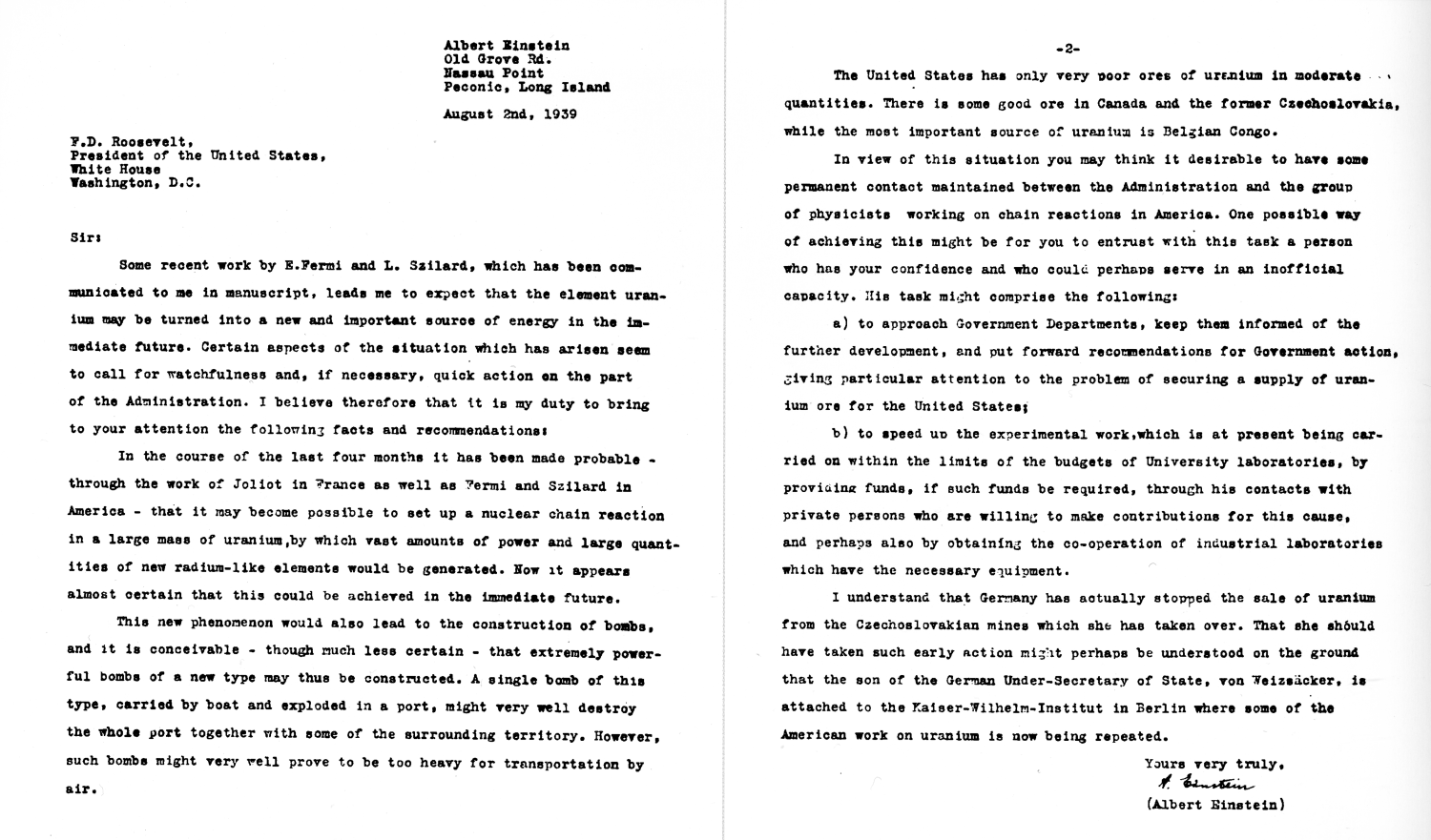 Scan of the letter sent to U.S. President Franklin D. Roosevelt on August 2, 1939, was signed by Albert Einstein but largely written by Hungarian physicist Leo Szilard