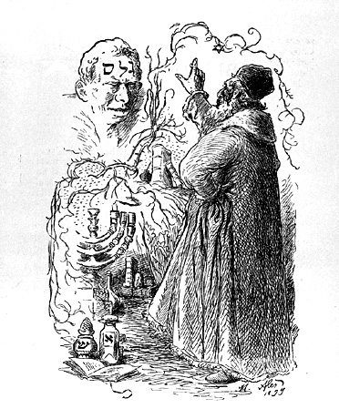 Rabbi Loew and the Golem," Ink on paper, by Mikolas Ales. From: Kalender Cesko-Zidovsky, Prague, 1913-1914