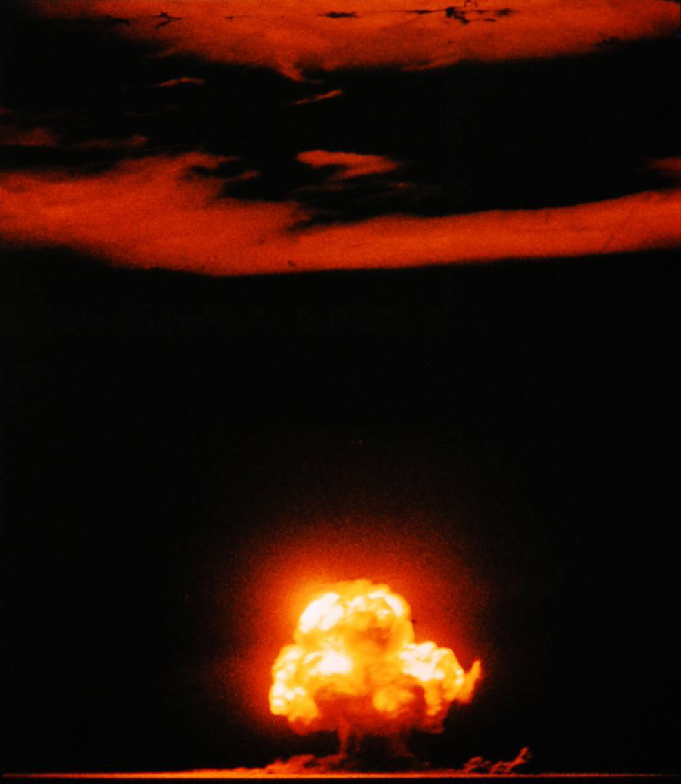 Famous color photograph of the "Trinity" shot, the first nuclear test explosion, July 16, 1945