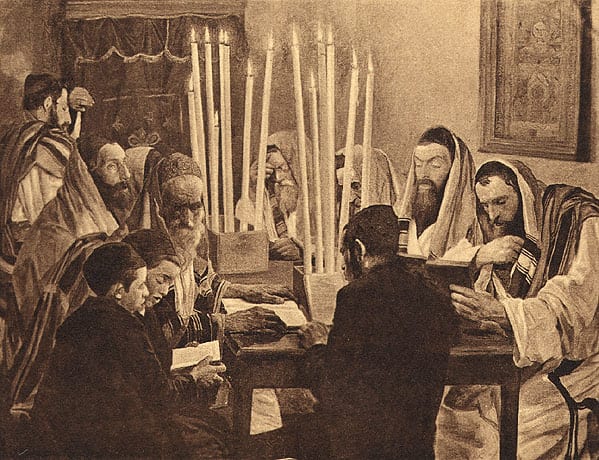 “Kol Nidrei”, Prayer for the Day of Atonement. Poland, c. 1915 Postcard after the painting Day of Atonement (1906) by Maurycy (Moshe) Minkowski “Jehudia” Publishers, Warsaw (the Oster Visual Documentation Center at the museu, of the Jewish people, courtesy of Natalia Borochobitz)