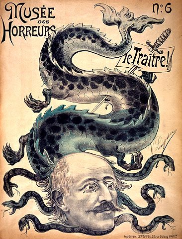 Anti-Semitic caricature portraying Alfred Dreyfus as a dragon stabbed with a dagger and a note "The Traitor". From the magazine: "Musee de l'Horreur" no. 6. France, c.1894 (Beit Hatfutsot, the Oster Visual Documentation Center, courtesy of Naomi Lazarus)
