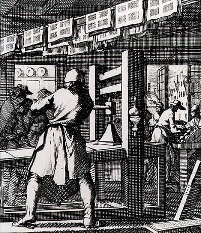 Printing house in Amsterdam, Holland. Engraving by Jan Loyken, 1650-1712 (Amsterdam, S. Emmering Collection)