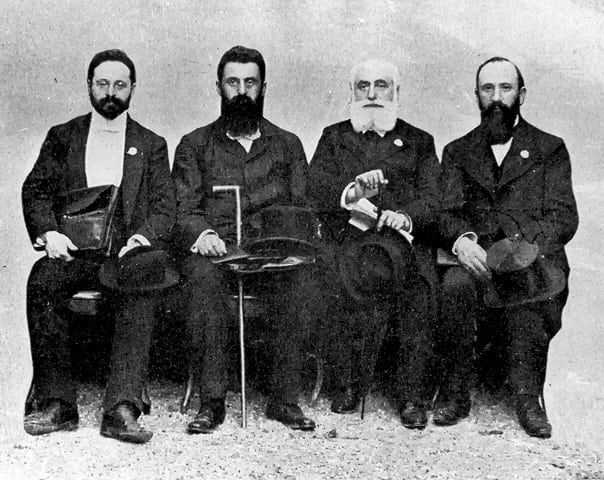 Nahum Sokolow, Theodor Herzl, Max Nordau and David Wolffsohn at the 1st Zionist Congress, Basel, Switzerland, 1897. Beit Hatfutsot, the Oster Visual Documentation Center, Sonnenfeld collection