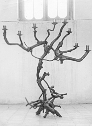 Hanukkah Menorah made of tree root. The Synagogue in Afula uses it today. Photo: Herbert Sonnenfeld (Beth Hatefutsoth Photo Archive, Sonnenfeld collection)