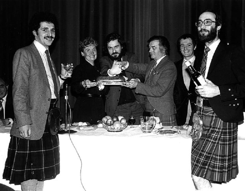 The Northern Region Rabbinical Board during the annual Robert Burns dinner party, Glasgow, Scotland 1983 (Beit Hatfutsot, the Oster Visual Documentation Center, courtesy of the Scottish Jewish Archive Centre, Glasgow)