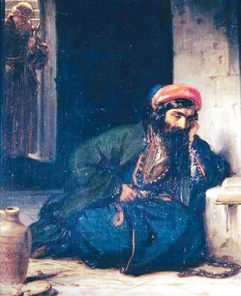 ציור שמן דמיוני של הצייר דניאל מוריס אופנהיים של רבי יעקב ענתבי בבית האסורים בדמשק, 1851