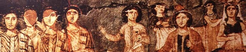 אסתר ואחשורוש על כס המלכות. ציור קיר מבית הכנסת דורא אירופוס, סוריה, 244-245. שיחזור (בית התפוצות, תצוגת הקבע הישנה)