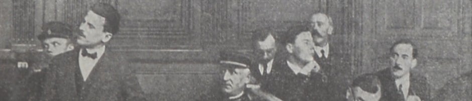 The Schwartzbard court trial Paris Oct 1927. Sholom Schwartzbard speech in the court. Below him, Henri Torrès, his attorney