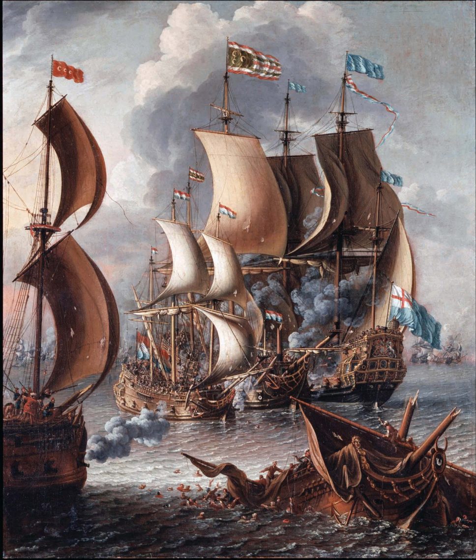קרב ימי בין צי אירופי לפיראטים ממרוקו. ציור של לורנצו א. קאסטרו, המאה ה-17