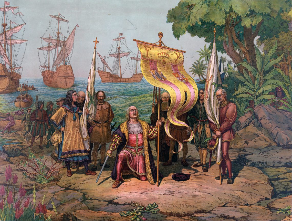 Cristóbal Colón y sus marinos, incluido Luis de Torres, desembarcan y proclaman pertenencia del Nuevo Mundo (Dibujo, 1893, Biblioteca del Congreso, Wikimedia).