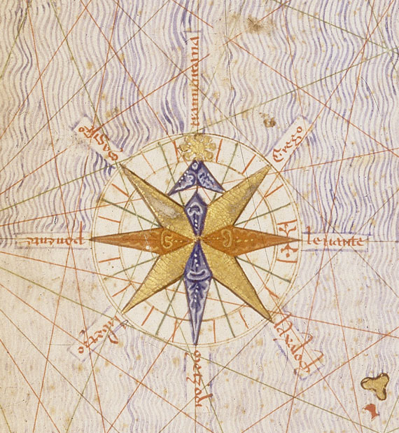 First compass rose depicted on a map, detail from the Catalan Atlas (1375), attributed to cartographer Abraham Cresques 1375