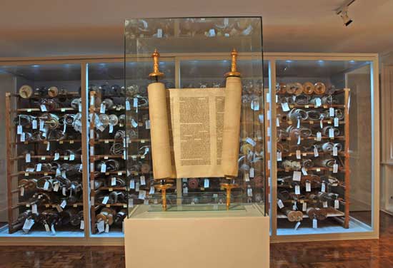 A Torah on Display at the Czech Memorial Scrolls Museum, Westminster Synagogue, London (Photo courtesy of the Czech Memorial Scrolls Museum)