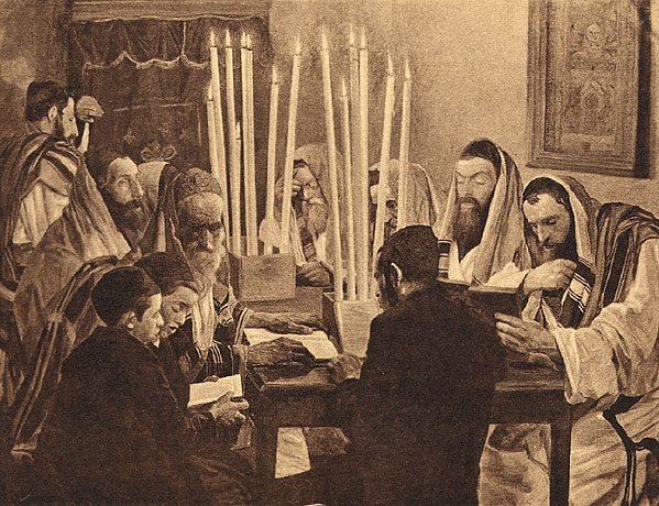 “Kol Nidrei", Prayer for the Day of Atonement. Poland, c. 1915 Postcard after the painting Day of Atonement (1906) by Maurycy (Moshe) Minkowski "Jehudia" Publishers, Warsaw (Beit Hatfutsot, the Oster Visual Documentation Center, courtesy of Natalia Borochobitz)