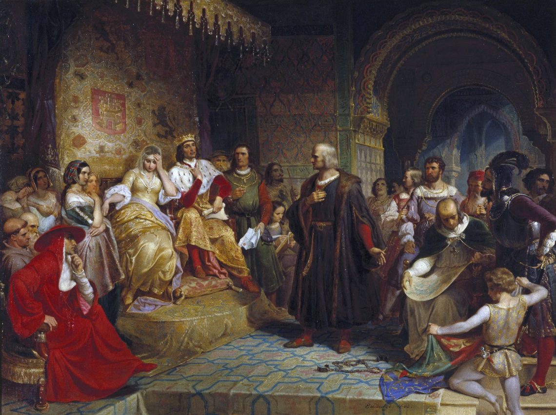 "קולומבוס לפני המלכה" - ציור שמן, עמנואל לויצה 1843. קולומבוס משכנע את המלך והמלכה לממן את מסעו שהוביל לגילוי יבשת אמריקה 