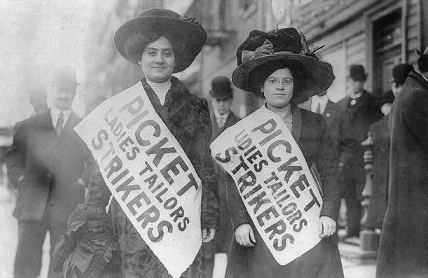 Two women strikers on picket line during the "Uprising of the 20,000", garment workers strike, New York City, Feb 1910 ( United States Library of Congress, Wikipedia)