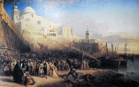 יהודים בנמל אלג'יר בדרכם לארץ ישראל. ציור של וויליאם וויילד, 1841 (ויקיפדיה)