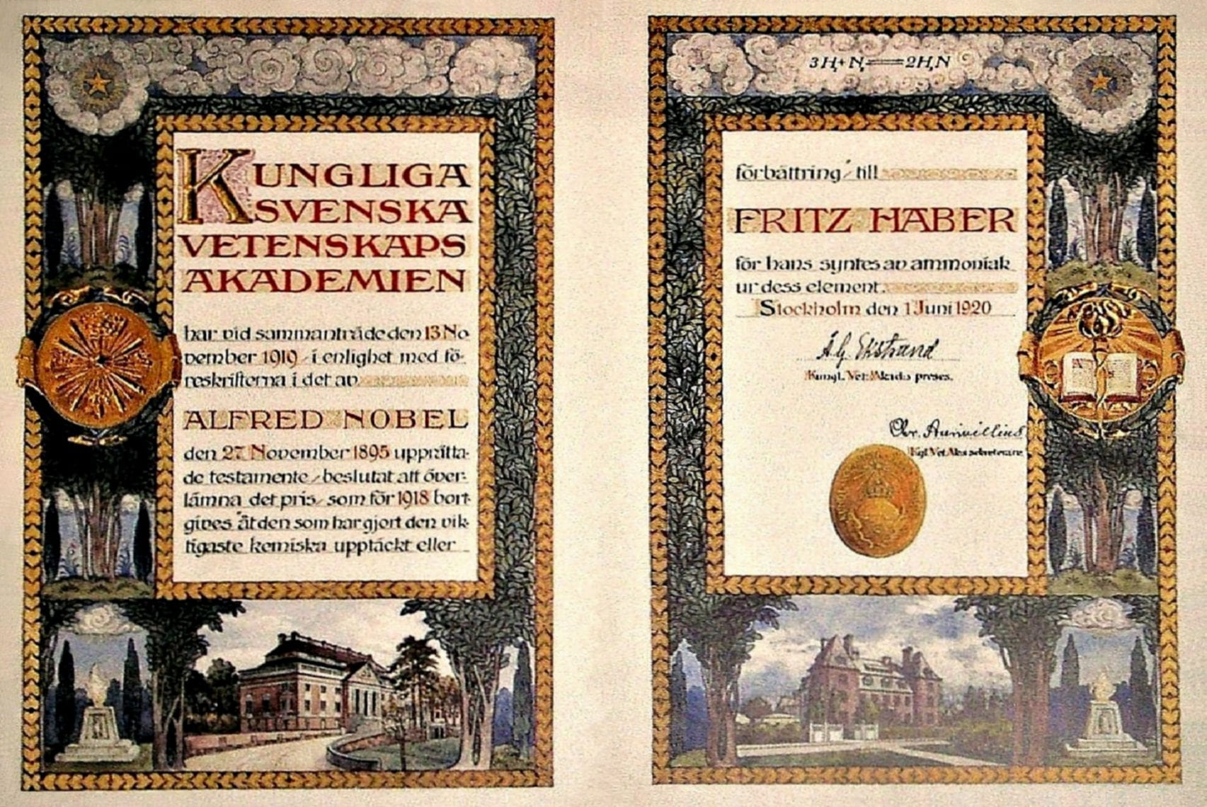 כתב הזכייה של פריץ הבר בפרס נובל לכימיה, 1918