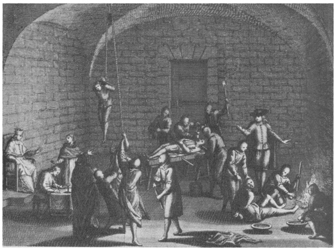 Inquisition torture chamber. illustration by Bernard Picard, 1716