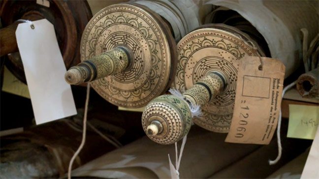 Tagged Torah Scrolls (Photo courtesy of the Czech Memorial Scrolls Museum)