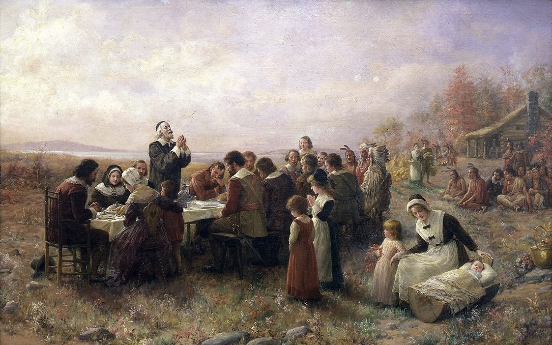 "The First Thanksgiving at Plymouth", painting by Jennie A. Brownscombe, 1914 (Wikimedia Commons)