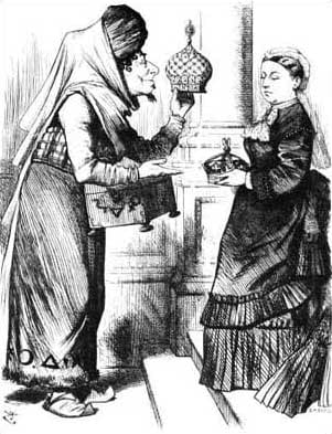 קריקטורה פוליטית שפורסמה במגזין PUNCH 1876 בה נראה ד'יזראלי מעניק למלכה ויקטוריה את תואר קיסרית הודו 