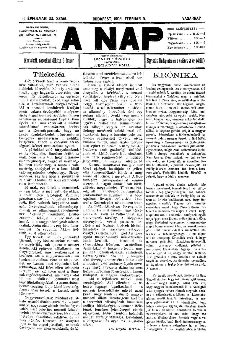 עמוד השער של הטבלואיד הסנסציוני A NAP מפברואר 1905. מייסד העיתון היה המו"ל היהודי שנדור בראון