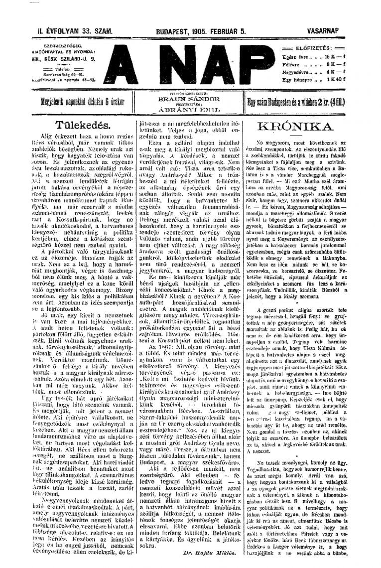 עמוד השער של הטבלואיד הסנסציוני A NAP מפברואר 1905. מייסד העיתון היה המו"ל היהודי שנדור בראון