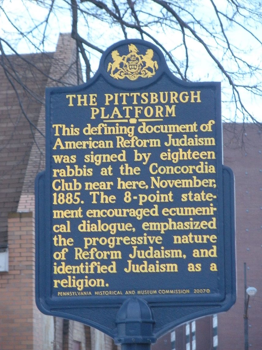 Pittsburgh Platform Plaque outside Concordia Club in the city, where the [platform was created (Creative Commons, WikiMedia)