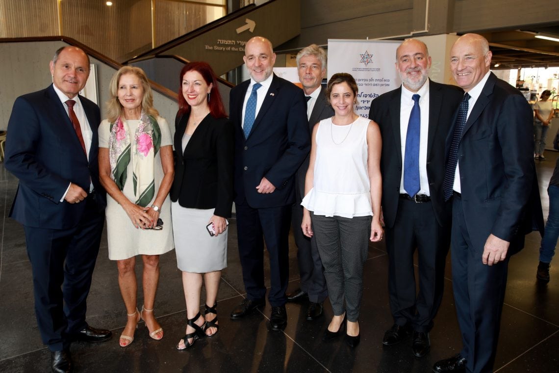 l-r: Wolfgang Sobotka, the President of the National Council of the Austrian Parliament; Enia Kupfer Zeevi, Israel and Europe Desks director; Hannah Lessing, Secretary General of the National Fund of Austria; Harald Dossi, Secretary General of Parliament; Adi Akunis, CEO of the Israel Friends of Beit Hatfutsot and Director of External Relations; Ron Prosser, formerly Israel Ambassador to the United Nations and member of the Beit Hatfutsot Board of Governors; Martin Weiss, Austrian Ambassador to Israel; Martin Engelberg, member of the national Council (photo: Itzik Biran)
