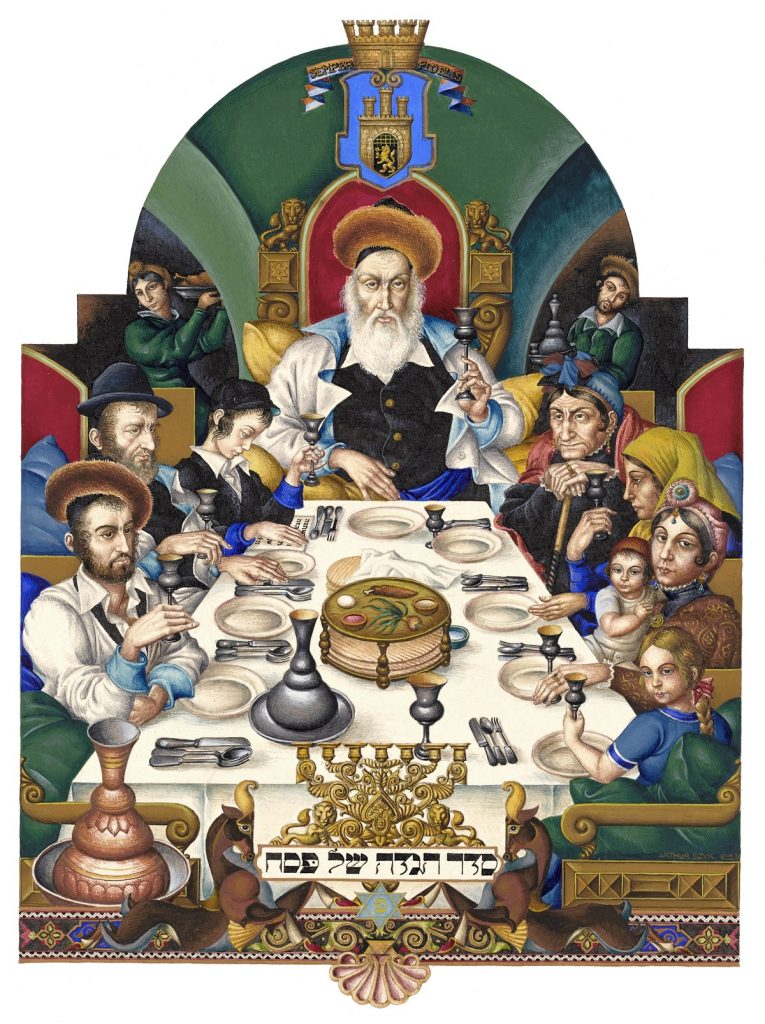 A Jewish family at the Seder table, the Szyk Haggadah. (The Arthur Szyk Society. Photography by Ardon Bar-Hama)