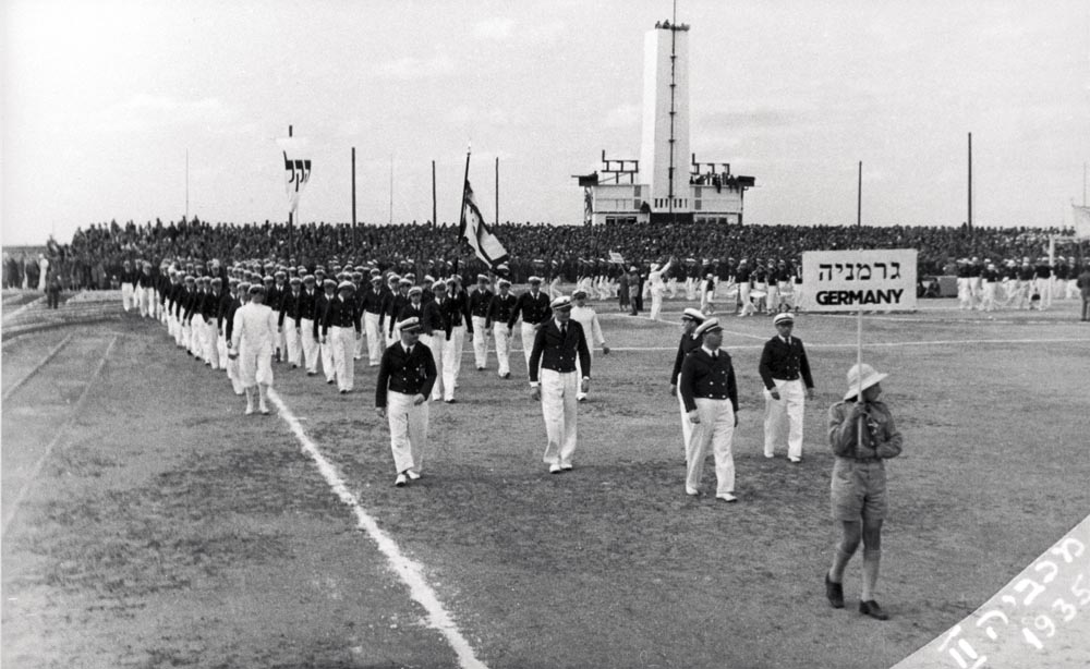 The delegation from Germany at the opening ceremony of the 2nd Maccabiah Games, Tel Aviv, Eretz Israel, 1935. The Oster Visual Documentation Center, ANU – Museum of the Jewish People, courtesy of Hannah Levi-Efron