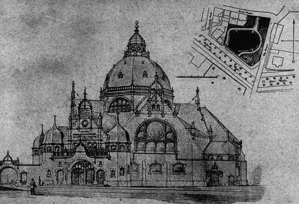 Prize-winning proposal for building the Reform Synagogue in Hiltrop-Wall, Dortmund, Germany. 1896. The drawings, made by architect Eduard Furstenau, are in the Romanesque Style top right: location of the Synagogue on its plot. The Oster Visual Documentation Center, ANU – Museum of the Jewish People, courtesy of Dr. Edina Meyer, Tel-Aviv