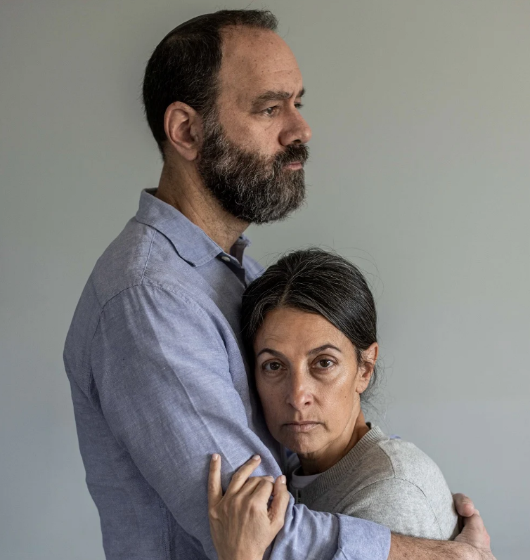 Avishag Shaar-Yashuv, Rachel and Jon Goldberg-Polin on day 83 of their son Hersh’s abduction, December 2023, Jerusalem